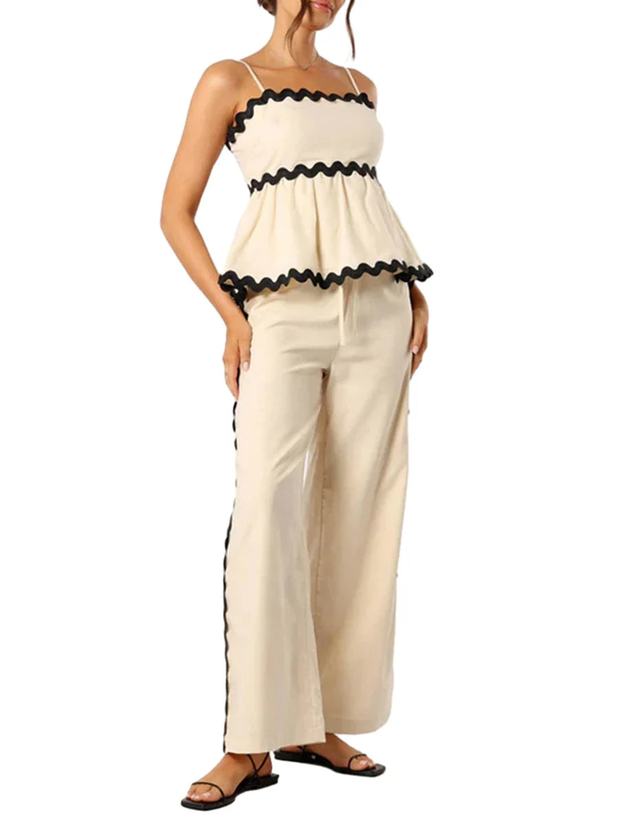 Summer Outfits- Women's Peplum Cami Top & Pants Set with Ric-Rac Contrast- Apricot- IndioGear.com