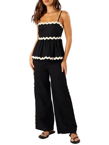 Summer Outfits- Women's Peplum Cami Top & Pants Set with Ric-Rac Contrast- Black- IndioGear.com