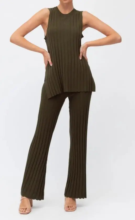 Summer Outfits- Women's Ribbed Lounge Set with Sleeveless Top & Elastic Waist Pants- Coffee- IndioGear.com