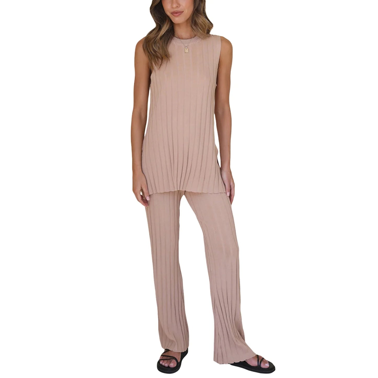 Summer Outfits- Women's Ribbed Lounge Set with Sleeveless Top & Elastic Waist Pants- Khaki- IndioGear.com