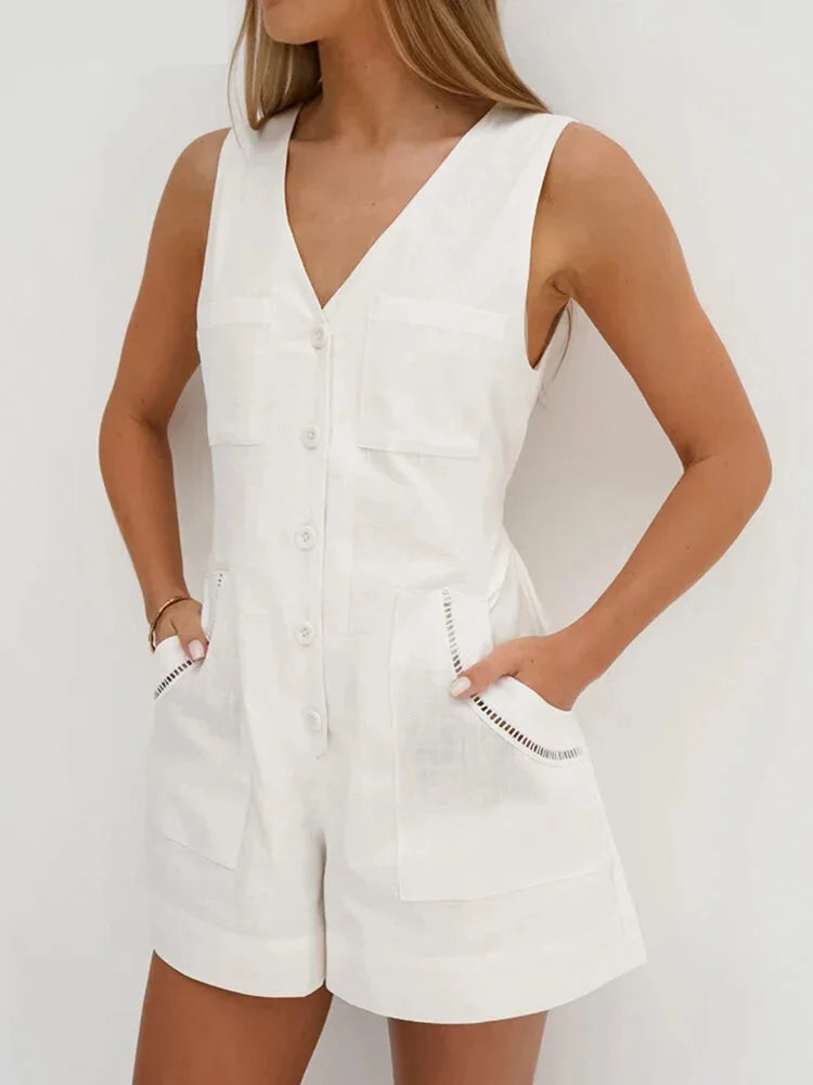 Summer Outfits- Women's Solid Cotton Button-Up Playsuit Romper for Summer Strolls- White- IndioGear.com