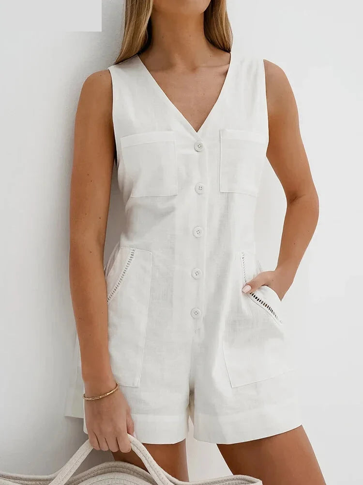 Summer Outfits- Women's Solid Cotton Button-Up Playsuit Romper for Summer Strolls- - IndioGear.com