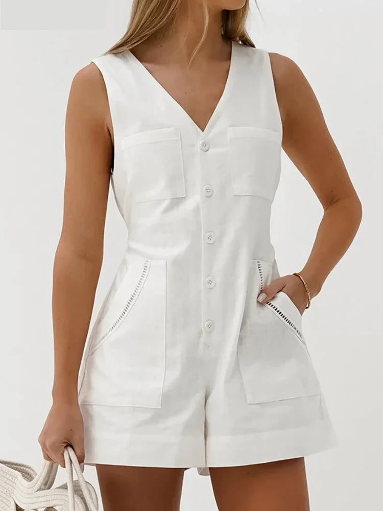 Summer Outfits- Women's Solid Cotton Button-Up Playsuit Romper for Summer Strolls- - IndioGear.com