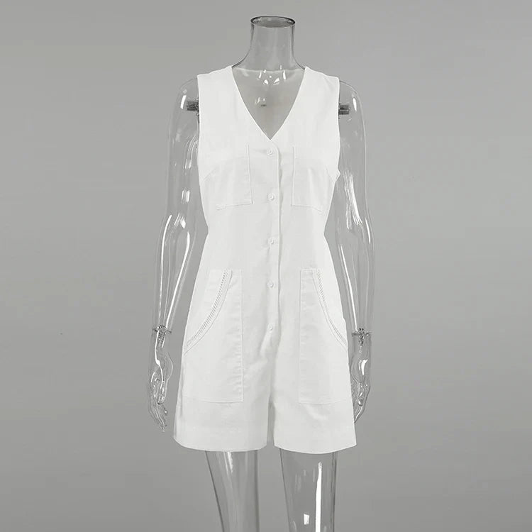 Summer Outfits- Women's Solid Cotton Button-Up Playsuit Romper for Summer Strolls- - IndioGear.com