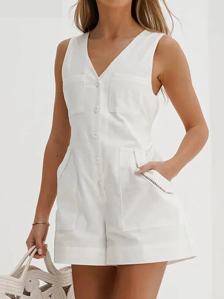 Summer Outfits- Women's Solid Cotton Button-Up Playsuit Romper for Summer Strolls- - IndioGear.com