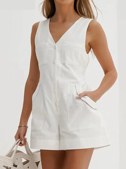 Summer Outfits- Women's Solid Cotton Button-Up Playsuit Romper for Summer Strolls- - IndioGear.com