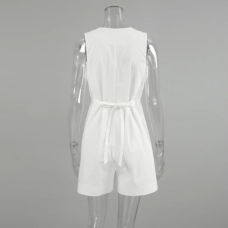 Summer Outfits- Women's Solid Cotton Button-Up Playsuit Romper for Summer Strolls- - IndioGear.com