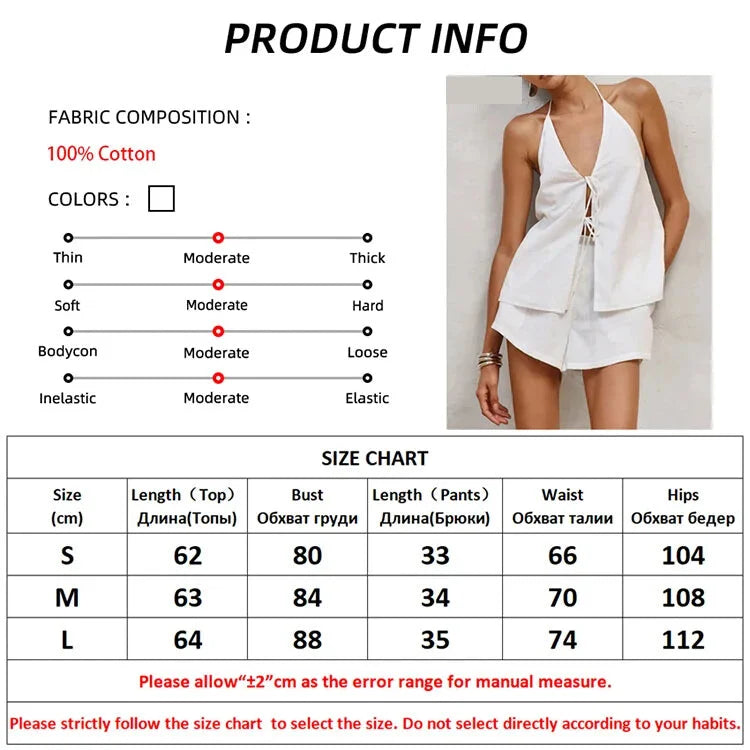 Summer Outfits- Women's White Halter Backless Tie-up Top with Lined Shorts- - IndioGear.com