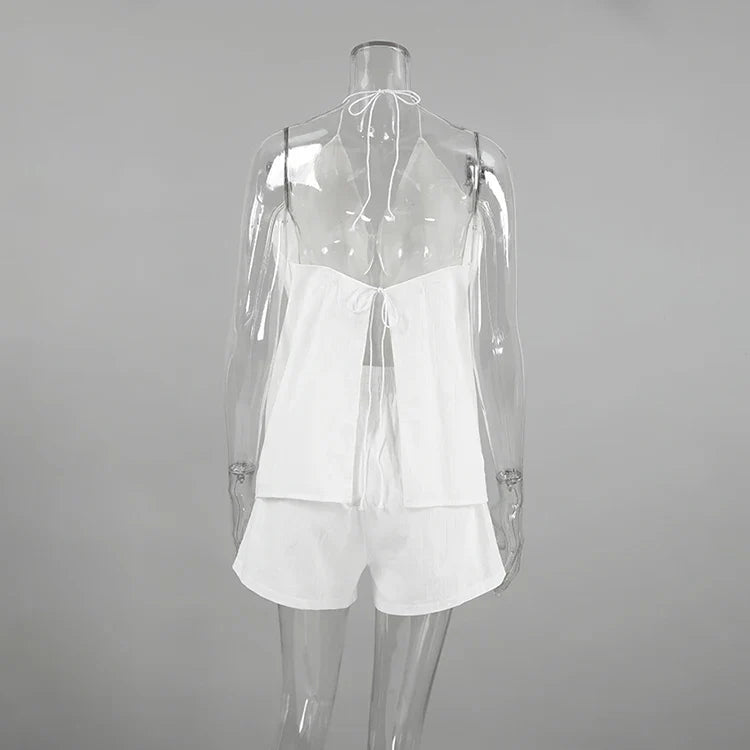 Summer Outfits- Women's White Halter Backless Tie-up Top with Lined Shorts- - IndioGear.com