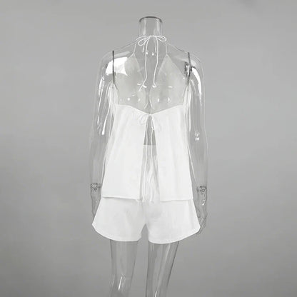 Summer Outfits- Women's White Halter Backless Tie-up Top with Lined Shorts- - IndioGear.com