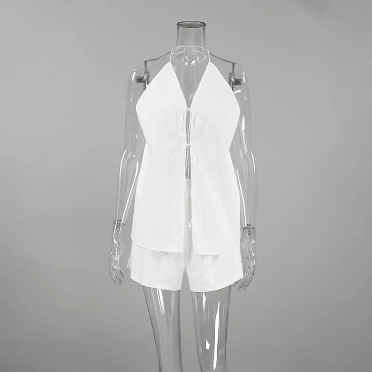 Summer Outfits- Women's White Halter Backless Tie-up Top with Lined Shorts- - IndioGear.com