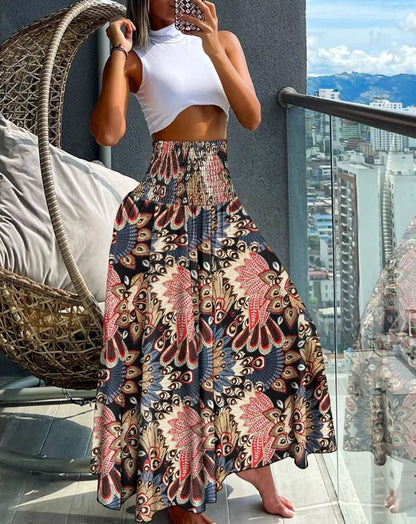 Summer Pants- Boho Floral Skirt for Beach Outings- black red- Chuzko Women Clothing