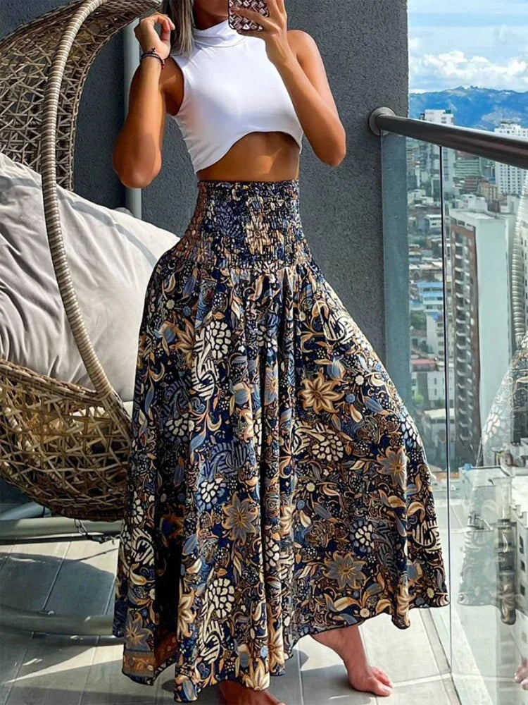 Summer Pants- Boho Floral Skirt for Beach Outings- - Chuzko Women Clothing