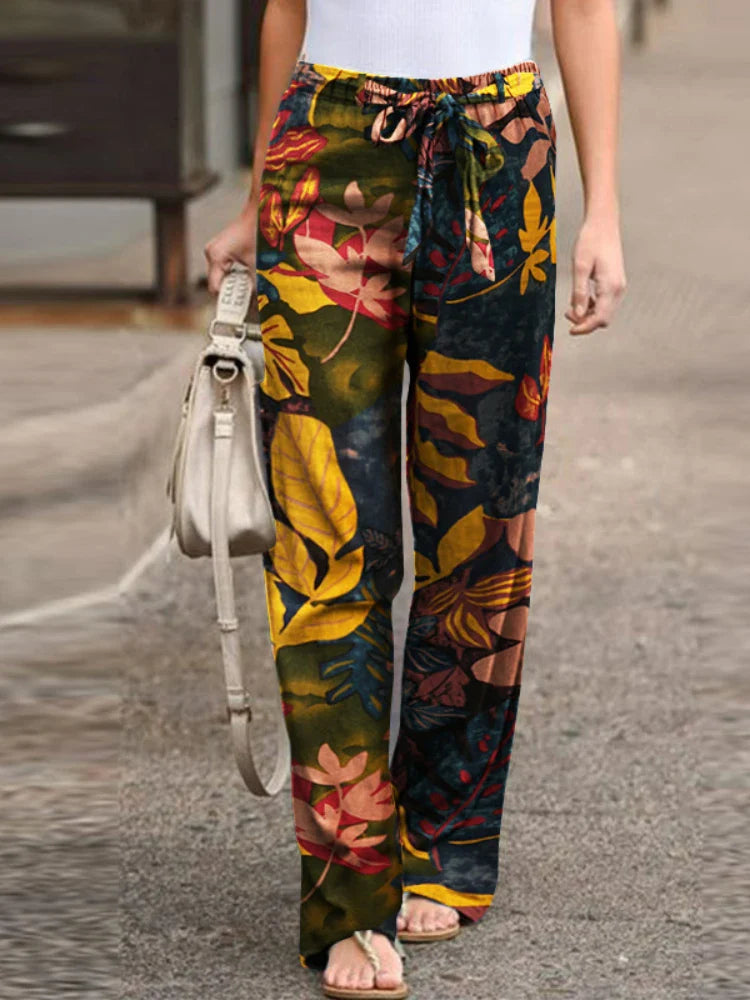 Summer Pants- Botanical Wide-Leg Pants for Summer Adventures- Yellow Green- IndioGear.com