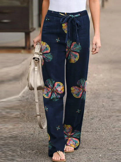 Summer Pants- Botanical Wide-Leg Pants for Summer Adventures- Blue- IndioGear.com