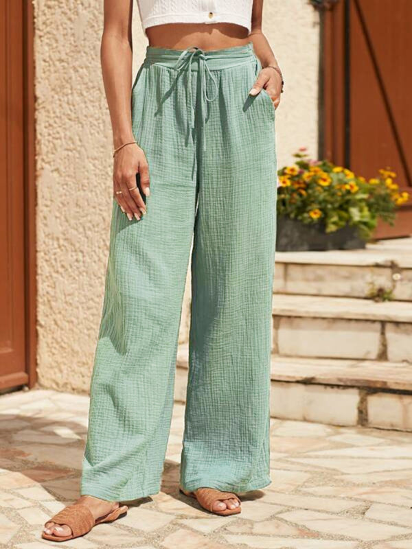 Summer Pants- Women's Summer Textured Wide-Leg Pants- Pale green- IndioGear Fashion and Gear