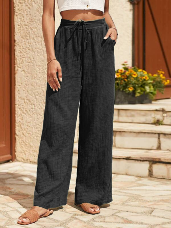 Summer Pants- Women's Summer Textured Wide-Leg Pants- Black- IndioGear Fashion and Gear