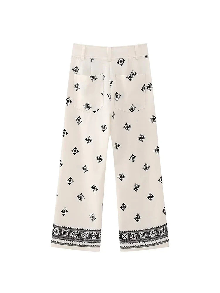 Summer Pants- Floral Embroidered High-Waist Linen Pants for Women- - IndioGear.com