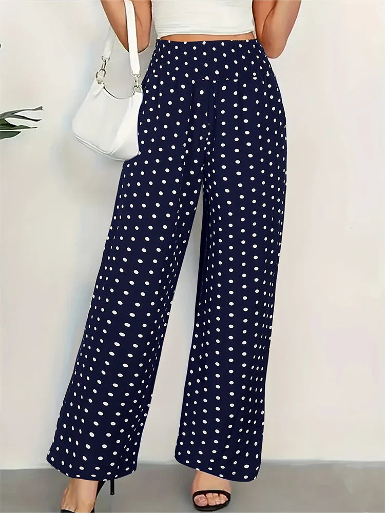 Summer Pants- Polka Dot Wide-Waistband Pants for Women- Blue Navy- Chuzko Women Clothing