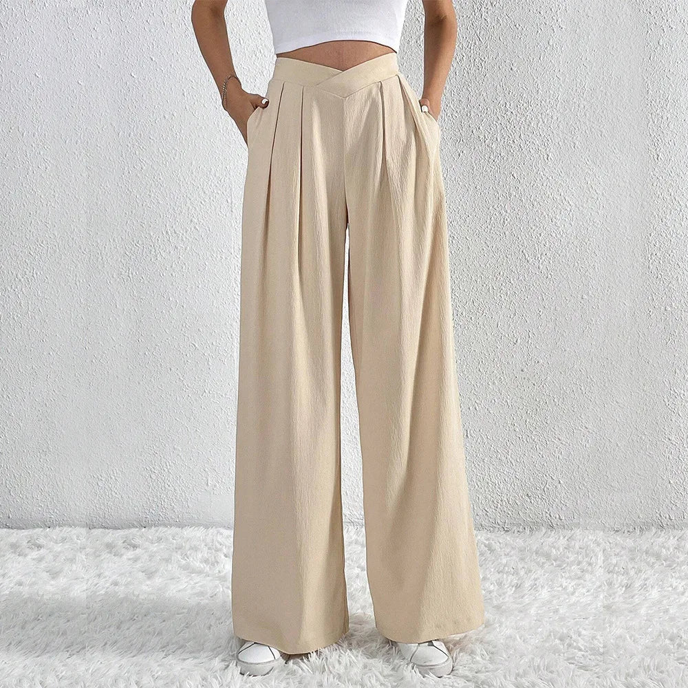 Summer Pants- Women Elegant Pleated Wide-Leg Trousers for Any Season- Khaki- IndioGear.com