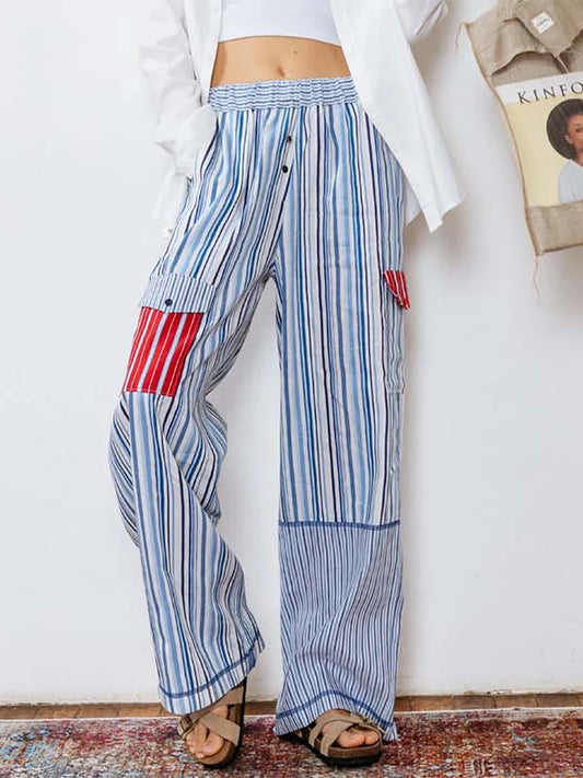 Summer Pants- Women's Patchwork Striped Lounge Pants for Beach Lounging- - Chuzko Women Clothing