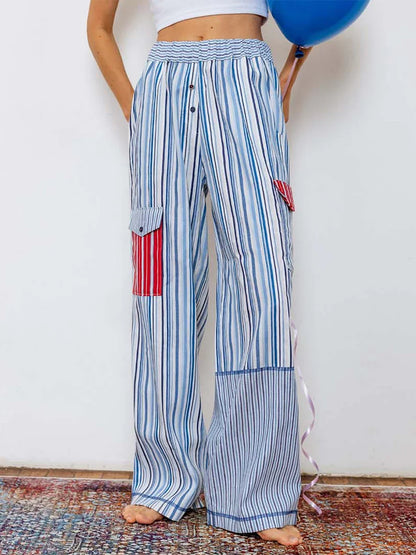 Summer Pants- Women's Patchwork Striped Lounge Pants for Beach Lounging- - Chuzko Women Clothing