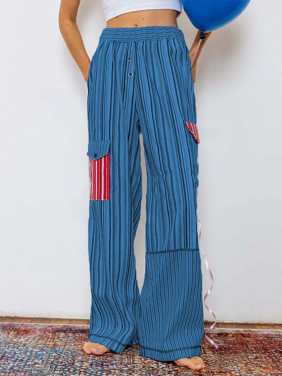 Summer Pants- Women's Patchwork Striped Lounge Pants for Beach Lounging- - Chuzko Women Clothing