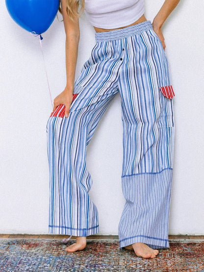 Summer Pants- Women's Patchwork Striped Lounge Pants for Beach Lounging- - Chuzko Women Clothing