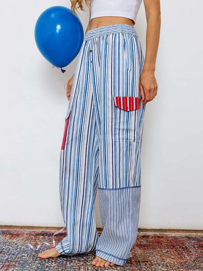 Summer Pants- Women's Patchwork Striped Lounge Pants for Beach Lounging- - Chuzko Women Clothing