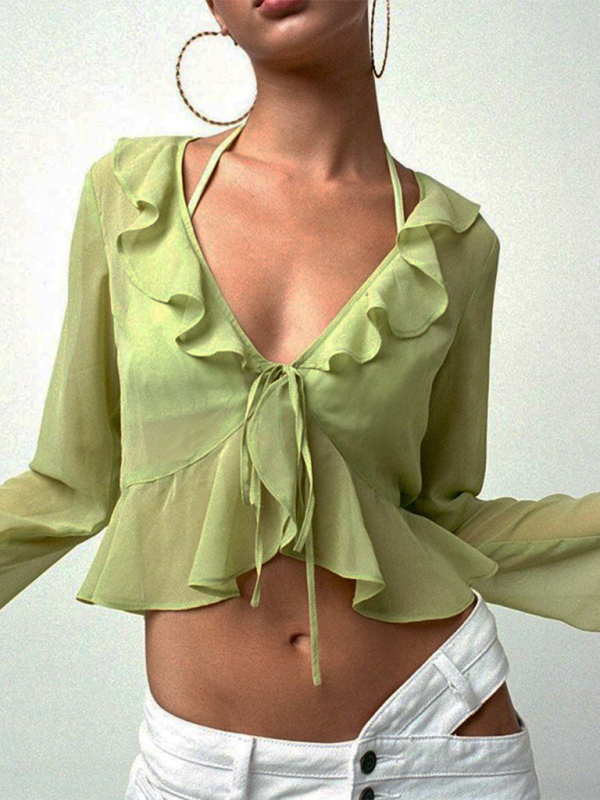 Summer Toppers- Women's Tie-Up See-Through Crop Ruffle Topper- Green- IndioGear.com