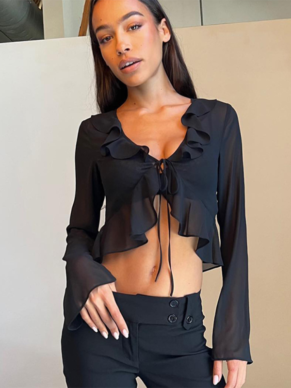 Summer Toppers- Women's Tie-Up See-Through Crop Ruffle Topper- Black- IndioGear.com