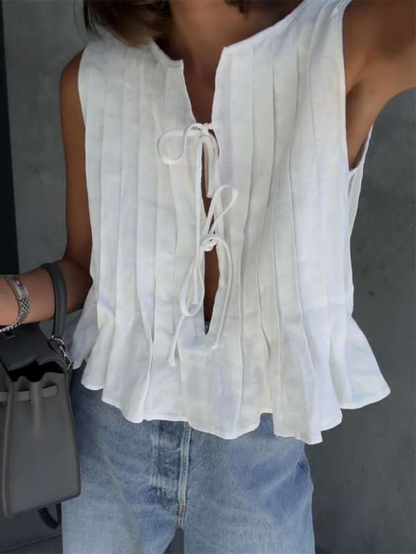 Summer Tops- Flared Tie-Up Vest for Summer Days- White- IndioGear.com