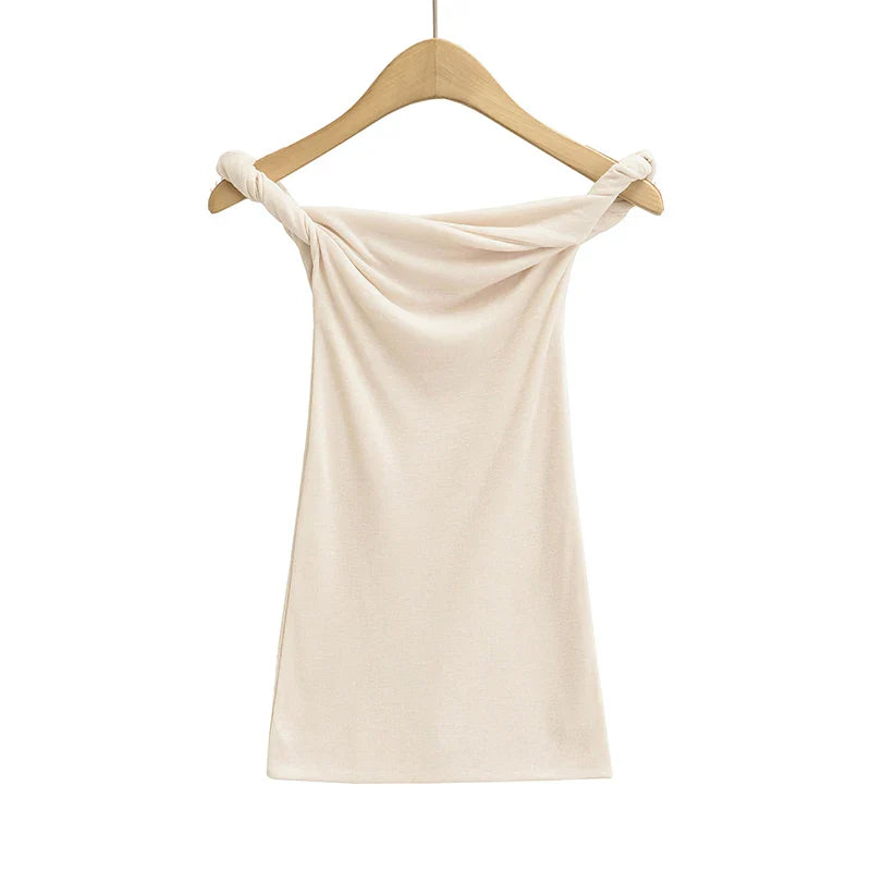 Summer Tops- Slim Fit Knit-Like Top Casual Off-Shoulder Style- Beige- IndioGear.com