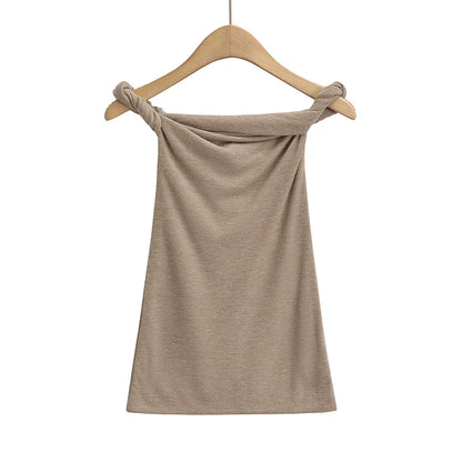 Summer Tops- Slim Fit Knit-Like Top Casual Off-Shoulder Style- Khaki- IndioGear.com