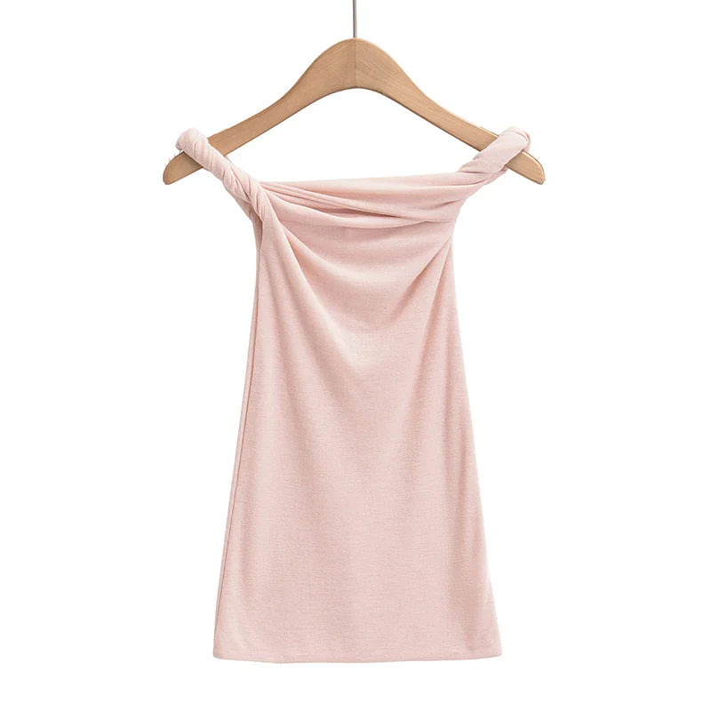 Summer Tops- Slim Fit Knit-Like Top Casual Off-Shoulder Style- Pink- IndioGear.com