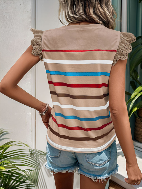 Summer Tops- Striped Blouse Women's Colorful Top with Frill Lace Shoulders- - IndioGear.com