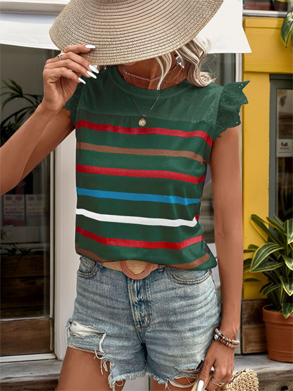 Summer Tops- Striped Blouse Women's Colorful Top with Frill Lace Shoulders- - IndioGear.com