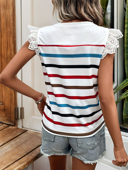 Summer Tops- Striped Blouse Women's Colorful Top with Frill Lace Shoulders- - IndioGear.com