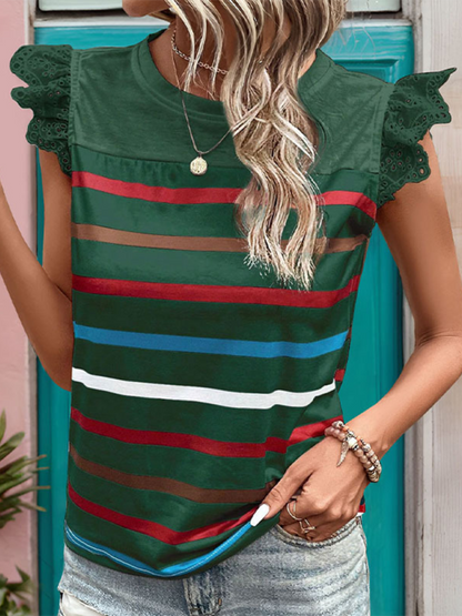 Summer Tops- Striped Blouse Women's Colorful Top with Frill Lace Shoulders- - IndioGear.com