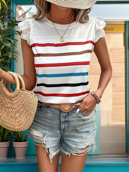 Summer Tops- Striped Blouse Women's Colorful Top with Frill Lace Shoulders- - IndioGear.com