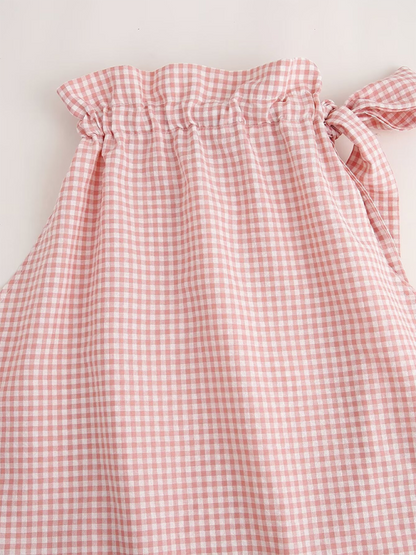 Summer Tops- Women's Gingham Ruffle Collar Blouse with Bow Detail- - Chuzko Women Clothing