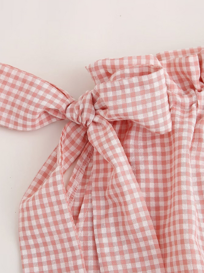 Summer Tops- Women's Gingham Ruffle Collar Blouse with Bow Detail- - Chuzko Women Clothing