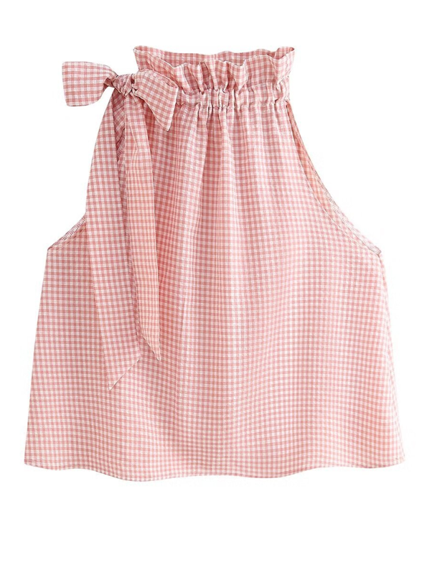 Summer Tops- Women's Gingham Ruffle Collar Blouse with Bow Detail- - Chuzko Women Clothing