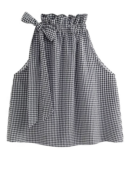 Summer Tops- Women's Gingham Ruffle Collar Blouse with Bow Detail- - Chuzko Women Clothing