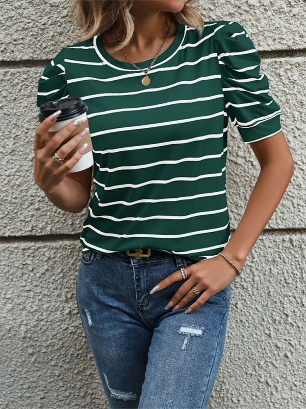 Summer Tops- Women's Striped Puff Sleeve Top for Gatherings- Green black jasper- IndioGear.com