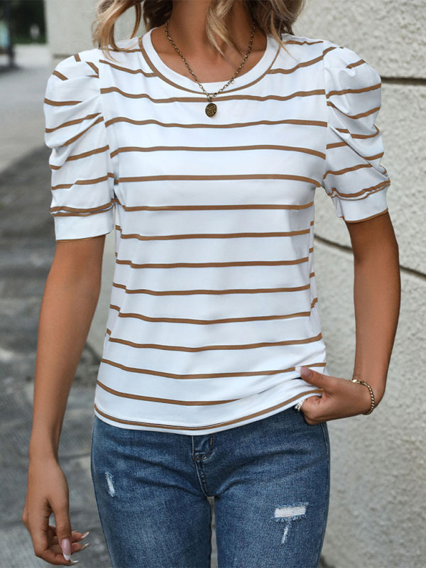 Summer Tops- Women's Striped Puff Sleeve Top for Gatherings- - IndioGear.com