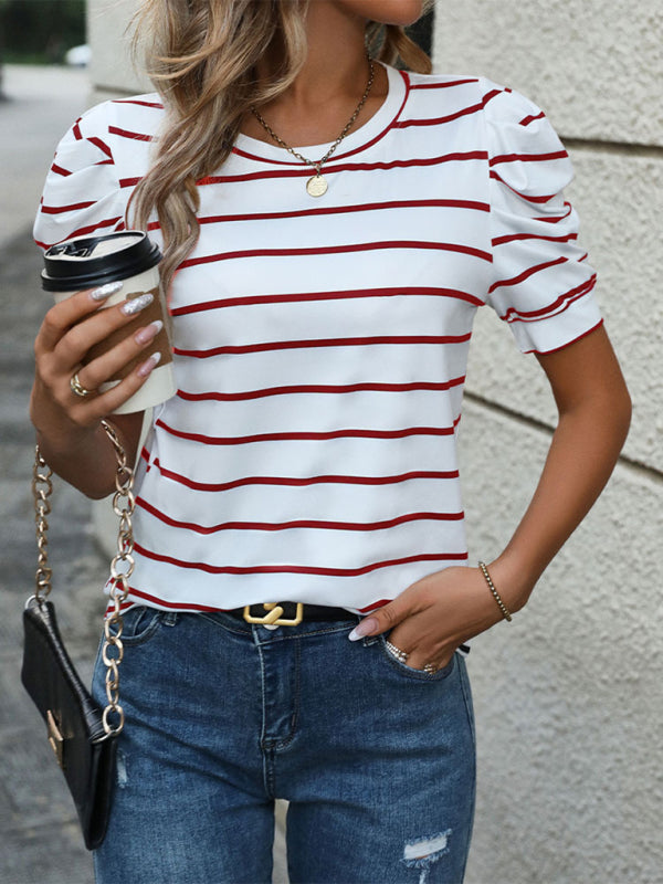 Summer Tops- Women's Striped Puff Sleeve Top for Gatherings- - IndioGear.com