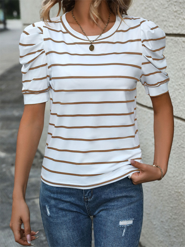 Summer Tops- Women's Striped Puff Sleeve Top for Gatherings- - IndioGear.com