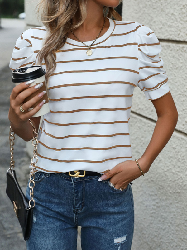 Summer Tops- Women's Striped Puff Sleeve Top for Gatherings- - IndioGear.com