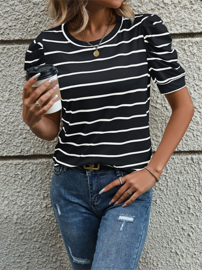 Summer Tops- Women's Striped Puff Sleeve Top for Gatherings- - IndioGear.com